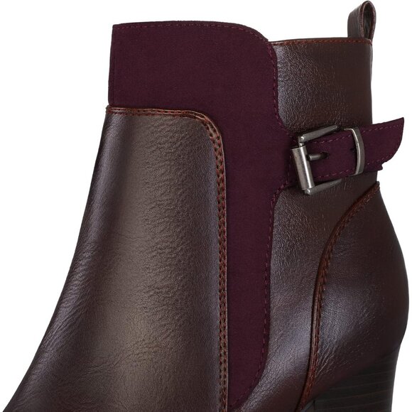 Women's Burgundy Ankle Boots Chunky Stacked Heel Side Zipper Classic Boots - Picture 3 of 6